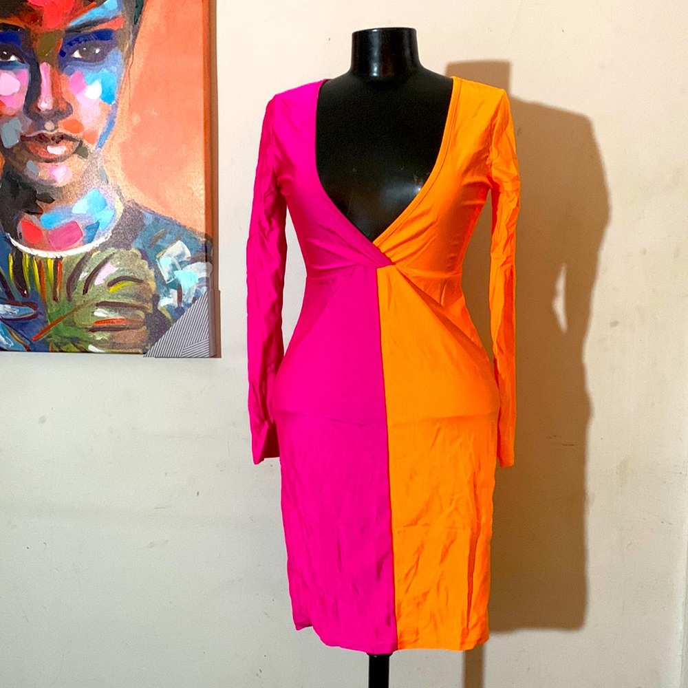 Long Sleeve Pink & Orange Color Block Dress